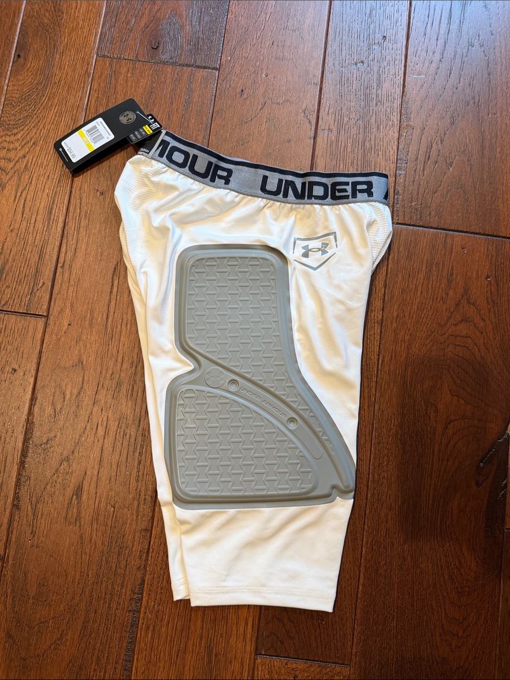 Under Armour White Men’s Compression Slider Shorts with Gray Hip Pad